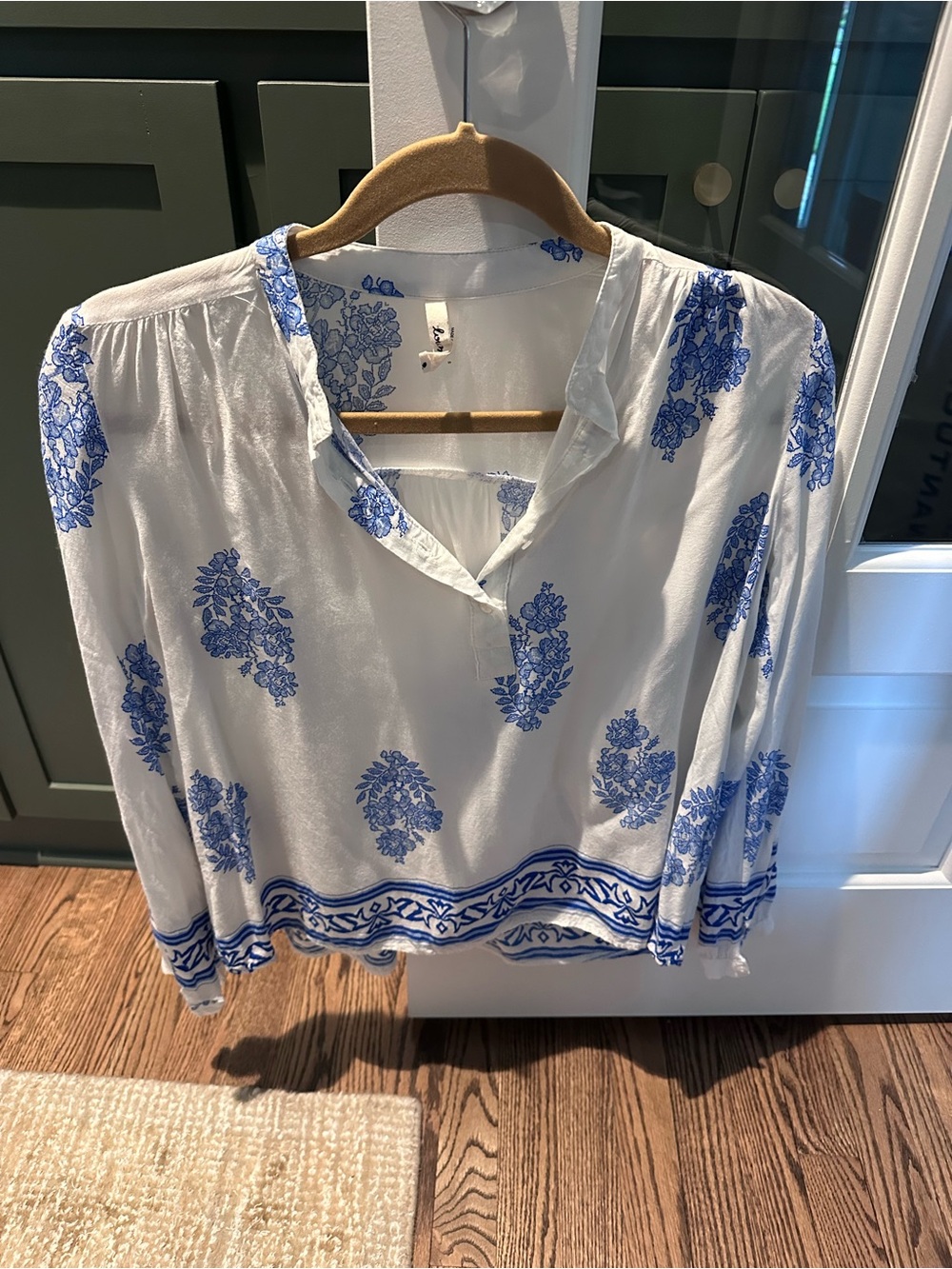 Blue and White Floral V-Neck Blouse